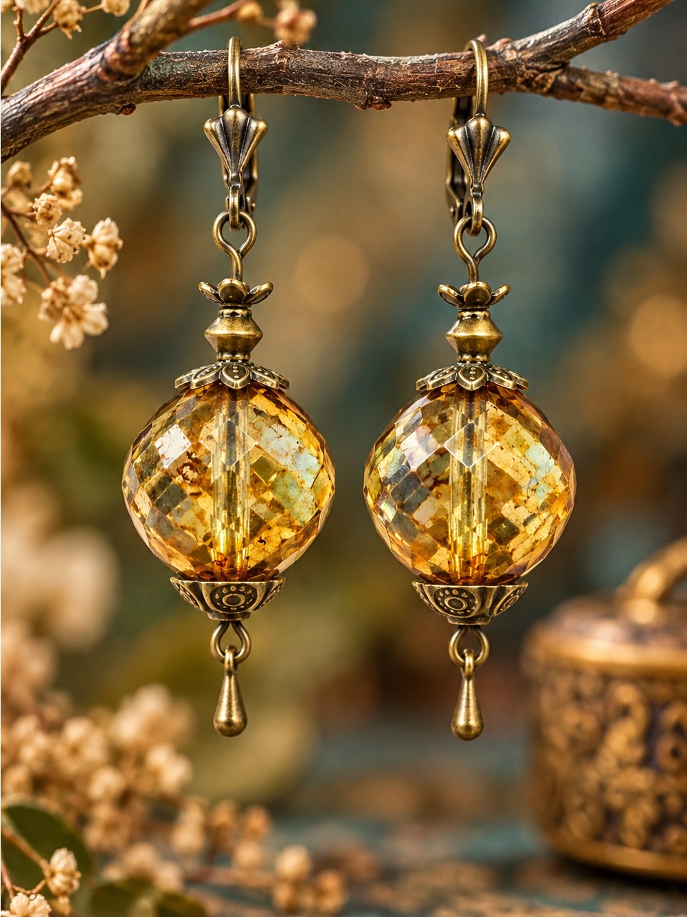 Czech Glass Amber Faceted Handmade Statement Earrings Antique Brass